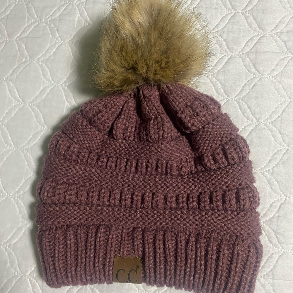 C.C Kids Knit Hat with Faux Fur Pom - Mauve